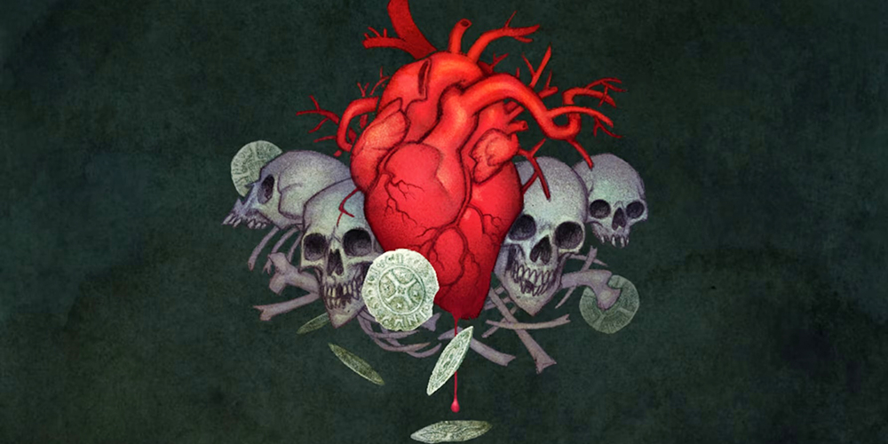 Ett rött hjärta omgivet av dödskallar och silvermybt. Bilden är llustrerad av Johan Egerkrans.