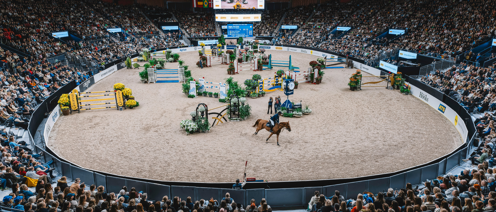 Arenagolvet med hinder och hästar