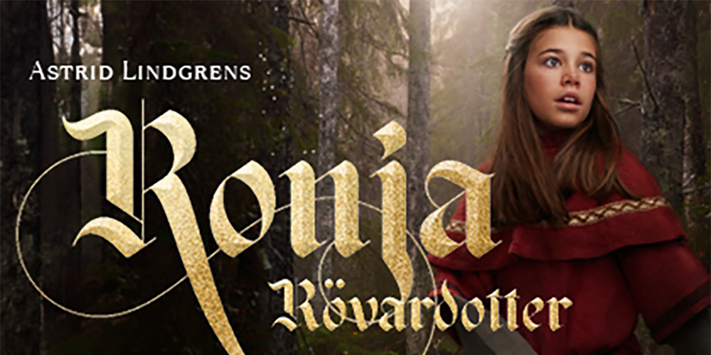 Texten Ronja Rövardotter med en bild av Ronja i mörkt långt hår till höger